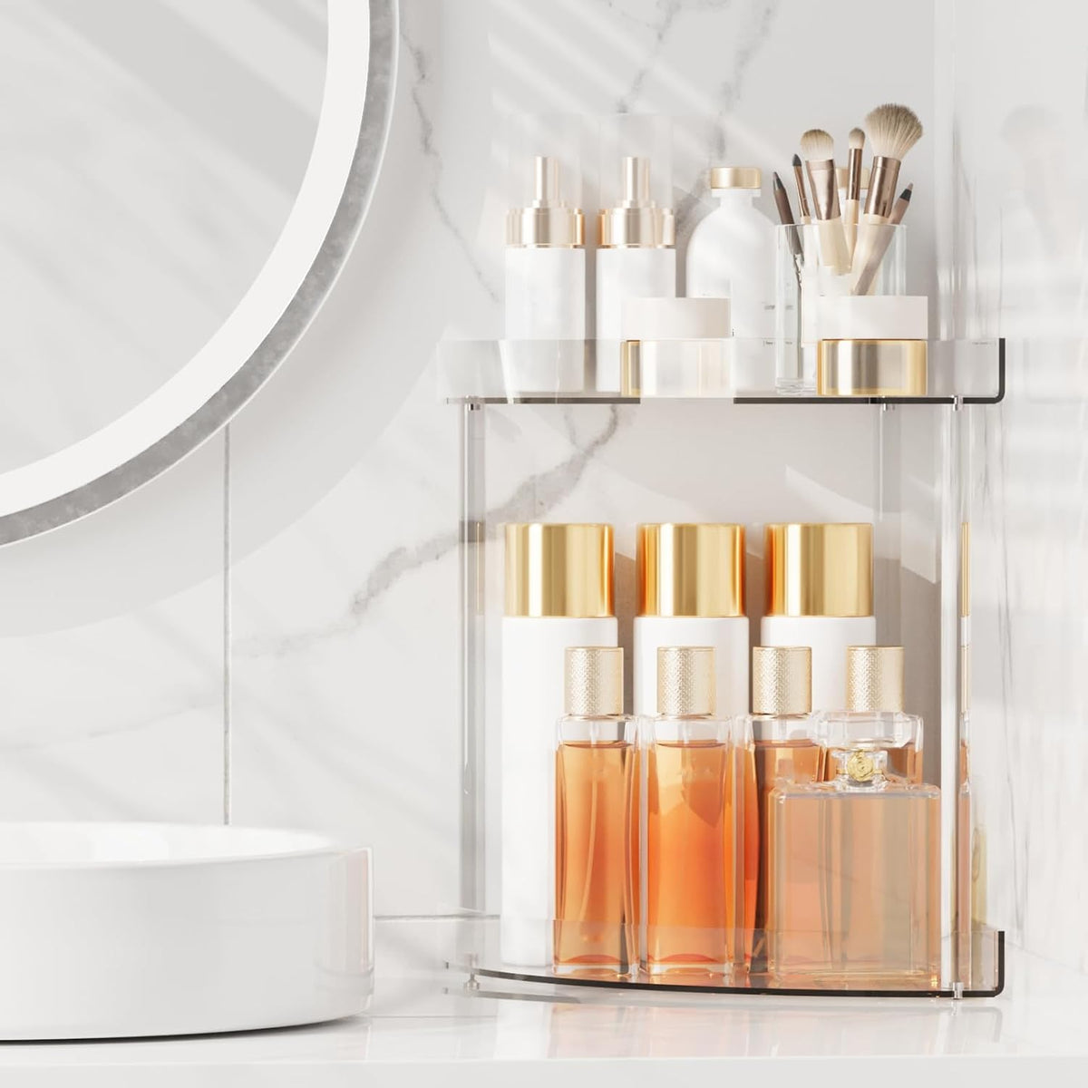 Organizador de encimera para baño Acliys, 2 niveles, de acrílico, para maquillaje, perfumes, tocador, especiero, lavabo y cafetera (transparente).