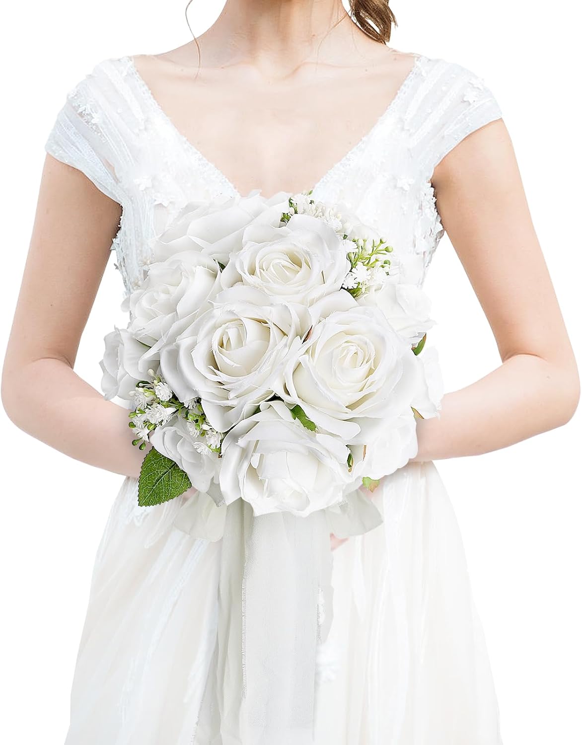 DIYDOFUN Wedding Bouquet for Bride - Premade Simple Artificial Roses Flowers for Bridal Shower Destination Ceremony Anniversary Decorations - White
