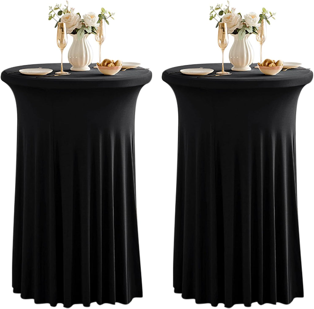 Dimatic Paquete de 2 manteles de cóctel altos negros, manteles elásticos para mesa de cóctel con faldón, manteles redondos de spandex de 81 cm (32 pulgadas) para fiestas, bodas, banquetes y cumpleaños.