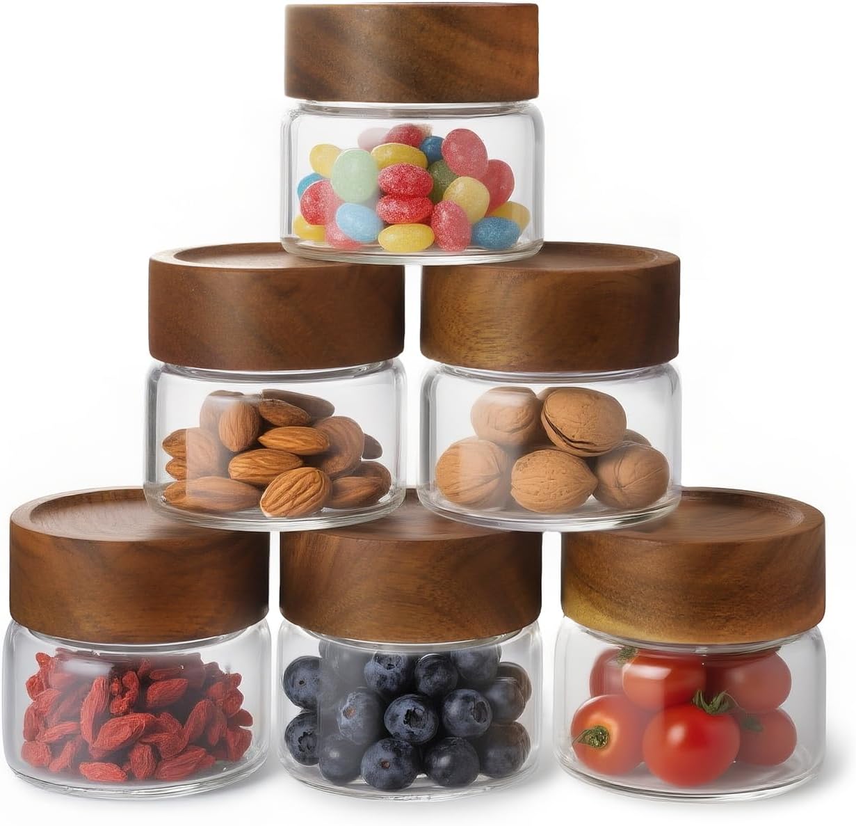 Zoaiirte 6-Pack 10 oz Airtight Food-Grade Glass Mason Jars with Acacia Wood Lids - Sealable, Waterproof & Stackable Canister Set for Overnight Oats, Dry Goods, Baking Supplies & Pantry Organization