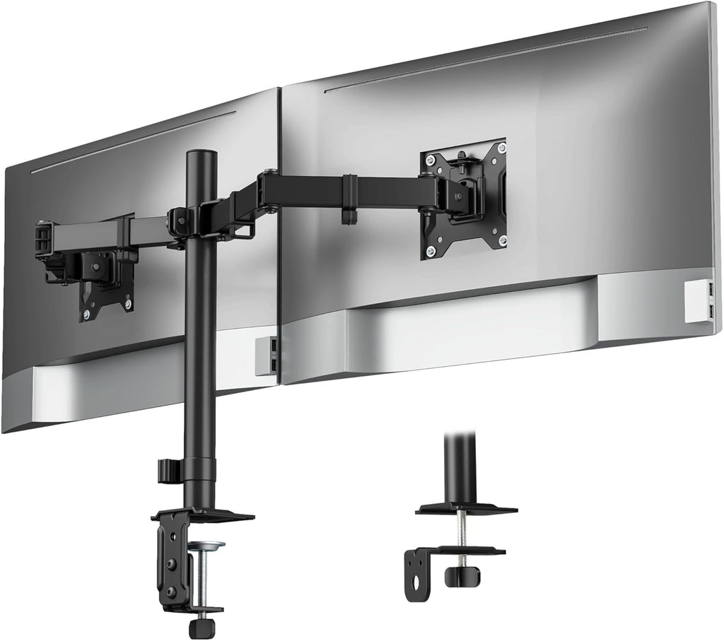 Soporte monTEK para Doble Monitor de 17 a 32 pulg | Uso Rudo, 10 kg por Brazo | Brazos Ajustables, Base con Abrazadera u Ojal | VESA 100x100mm