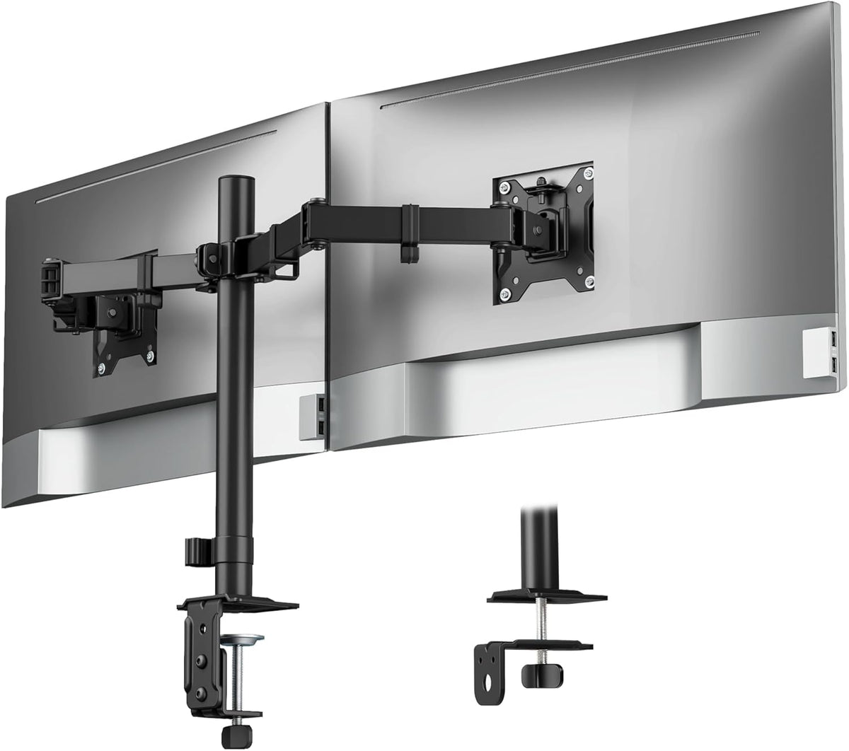 Soporte monTEK para Doble Monitor de 17 a 32 pulg | Uso Rudo, 10 kg por Brazo | Brazos Ajustables, Base con Abrazadera u Ojal | VESA 100x100mm