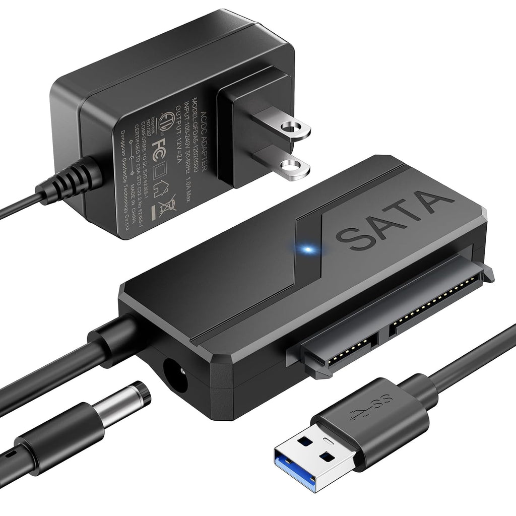 USADO. Adaptador SATA a USB con Alimentacion | USB 3.0 a SATA III para Discos 2.5 y 3.5 pulgadas hasta 20TB | Cable con Fuente 12V, Soporta UASP
