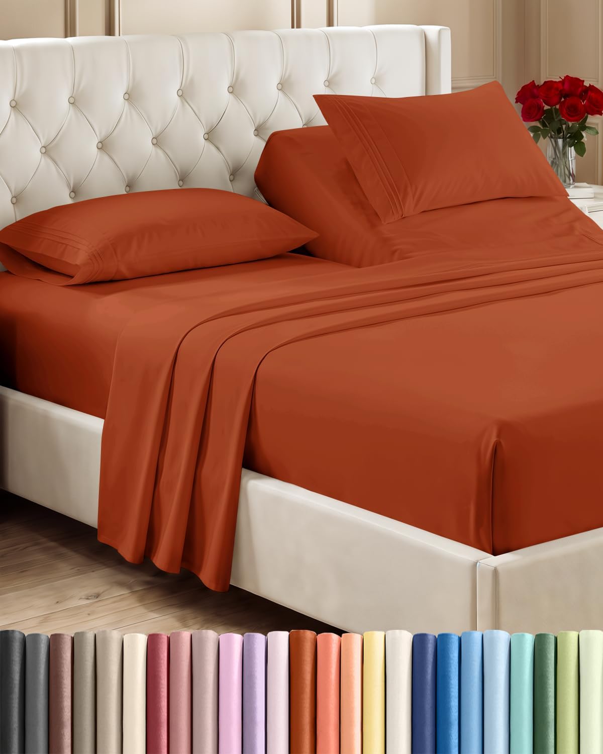 Juego de sábanas Flex Top Split Head King de 4 piezas - Juego de sábanas ultrasuaves, transpirables y refrescantes - Ropa de cama de lujo para hotel para hombres y mujeres con bolsillos profundos - No se arruga ni se decolora - Certificación - Terracota