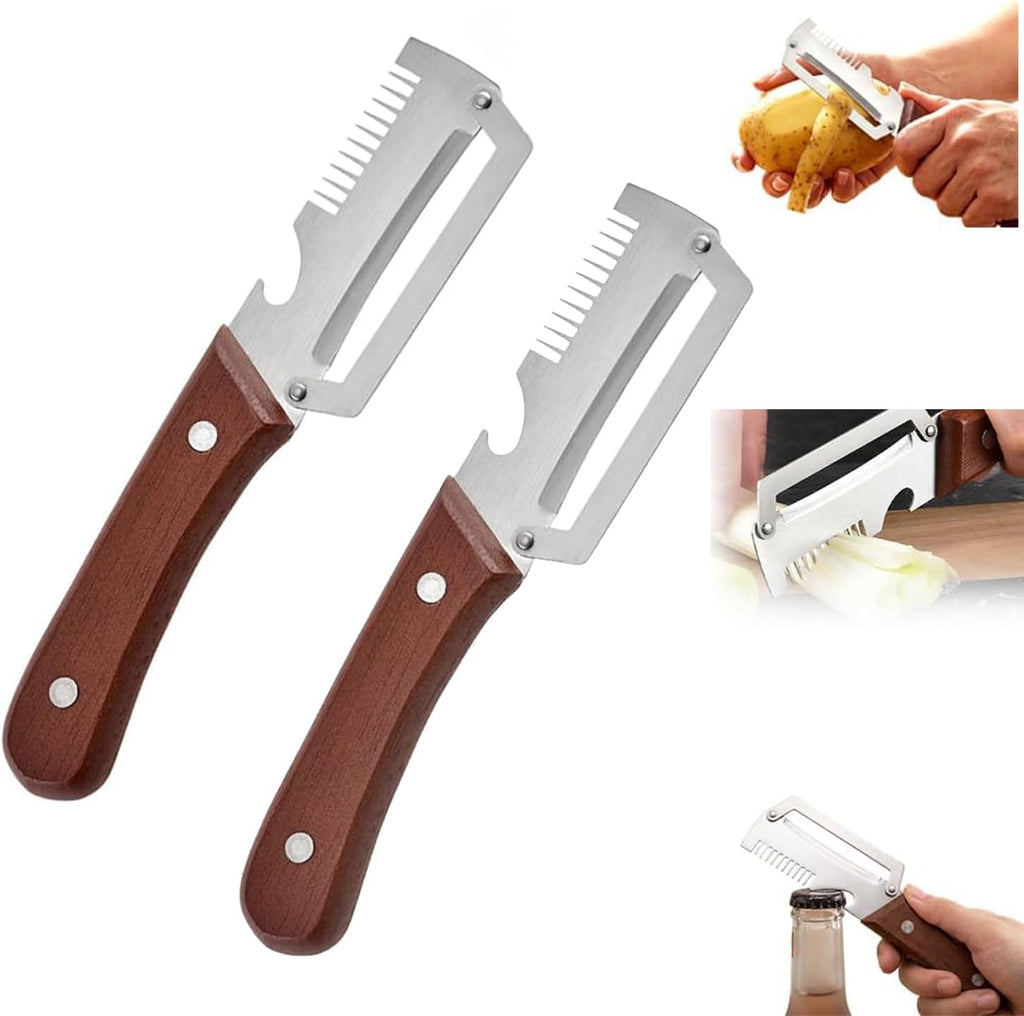 Pelador de verduras premium con mango de madera y abridor de botellas, pelador de verduras multifuncional para la cocina, herramienta de cocina de acero inoxidable 2 en 1, para frutas y verduras, incluye abridor de botellas (3 en 1, 2 piezas).