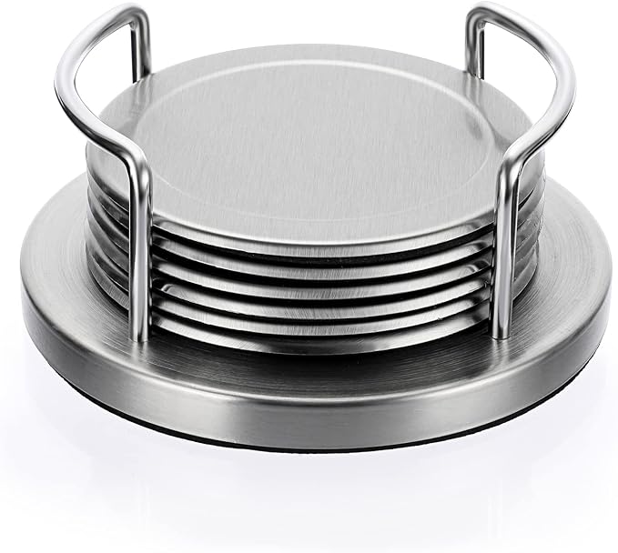 JUXYES Juego de 6 posavasos redondos de acero inoxidable con soporte y parte inferior de esponja, juego de posavasos de metal plateado, impresionantes posavasos geniales para decoración de restaurante, cocina, bar, mesa de comedor