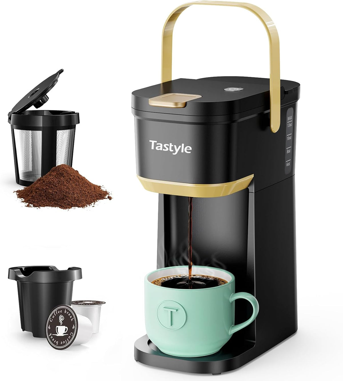 Tastyle Cafetera Individual de una Taza | Para Cápsulas K-Cup y Café Molido | Mini con Asa Portátil | 6 a 12 oz | Para Viaje, Camping, Oficina y RV | 120V | Negro y Dorado