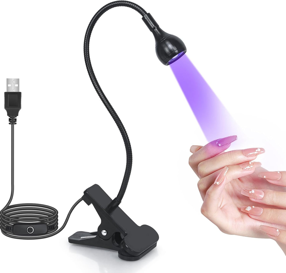 Lámpara UV LED para Uñas de Gel Geisofu — Cuello de Cisne Flexible, 365+395nm, 4 Niveles de Intensidad con Pinza