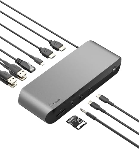 Belkin Estación de acoplamiento Thunderbolt 4 con entrega de energía de 90 W para MacBook y Windows, pantalla 8K/Dual 4K, cable Thunderbolt 4, HDMI, Ethernet, SD y puertos de audio, gris