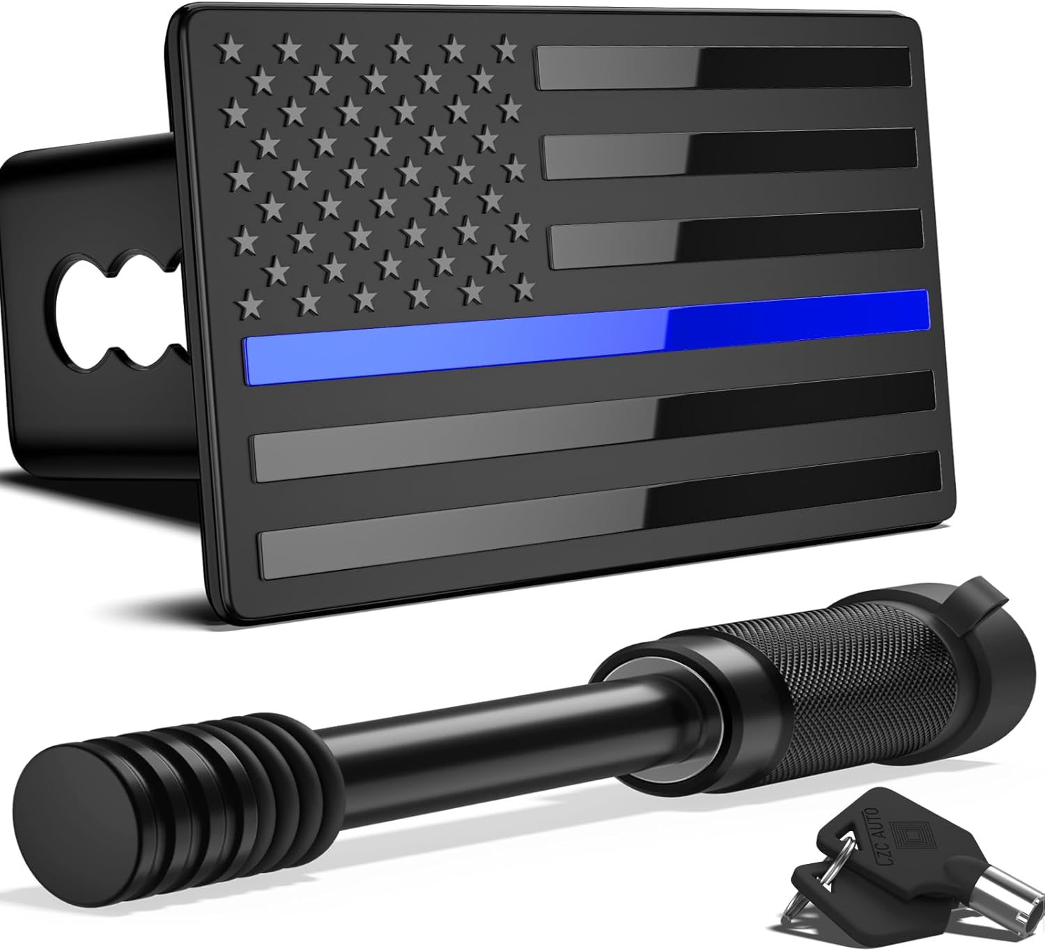 Cubierta de enganche de remolque de 2 pulgadas con bandera estadounidense, cubierta de metal resistente para receptores de enganche de 2 pulgadas (con pasador de 5/8" de diámetro, bloqueo antirrobo), línea azul fina de 3 x 5 pulgadas 