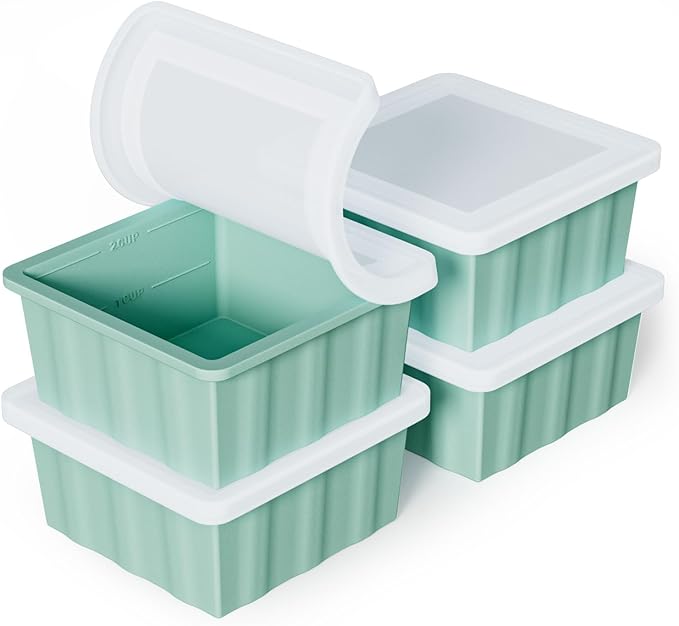 Bandeja de silicona para congelador para cubitos de sopa: Bandejas de congelación de 2 tazas con tapa para preparación de comidas - Paquete de 4 Bandejas de porción de sopa para congelar con silicona