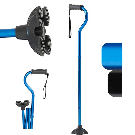 Medline Bastón plegable con base de 4 puntos con mango de gel acolchado, ligero y extra estable, azul