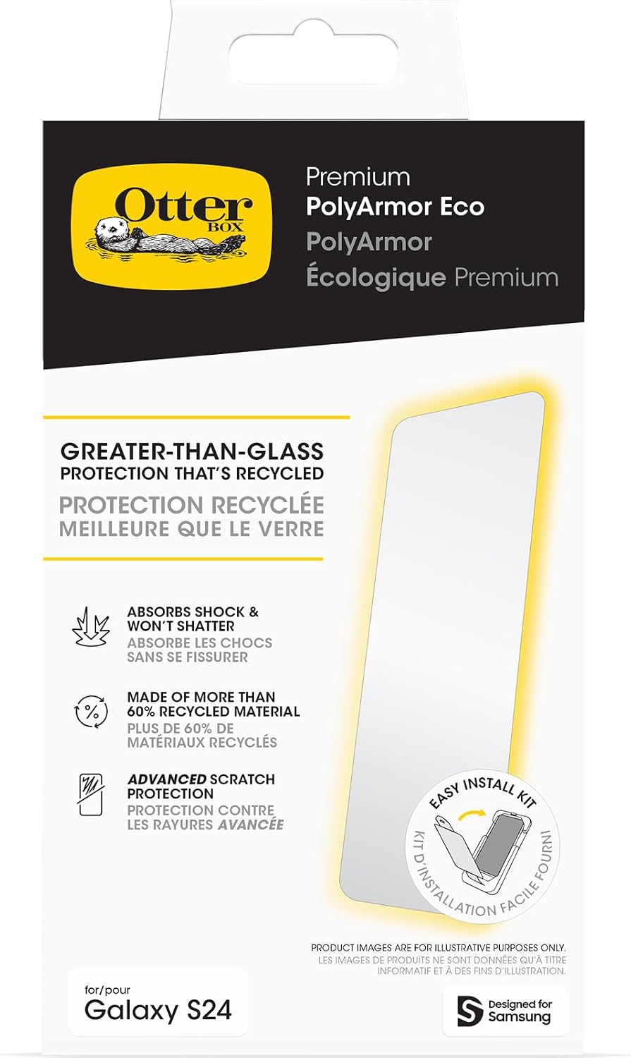 Protector de pantalla OtterBox Polyarmor Premium para Samsung Galaxy S24, claridad vívida, respuesta táctil precisa, fácil instalación.