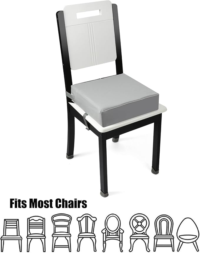 Asiento Elevador para Niños Pequeños — Doble Correa de Seguridad, Base Antideslizante, Lavable, Portátil (Gris)