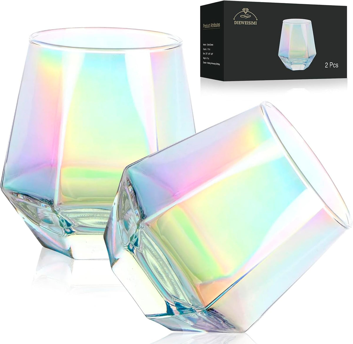 DIEWEISIMI Set de 2 Copas de Vino sin Tallo | Diseño Diamante Iridiscente | Cristalería Elegante
