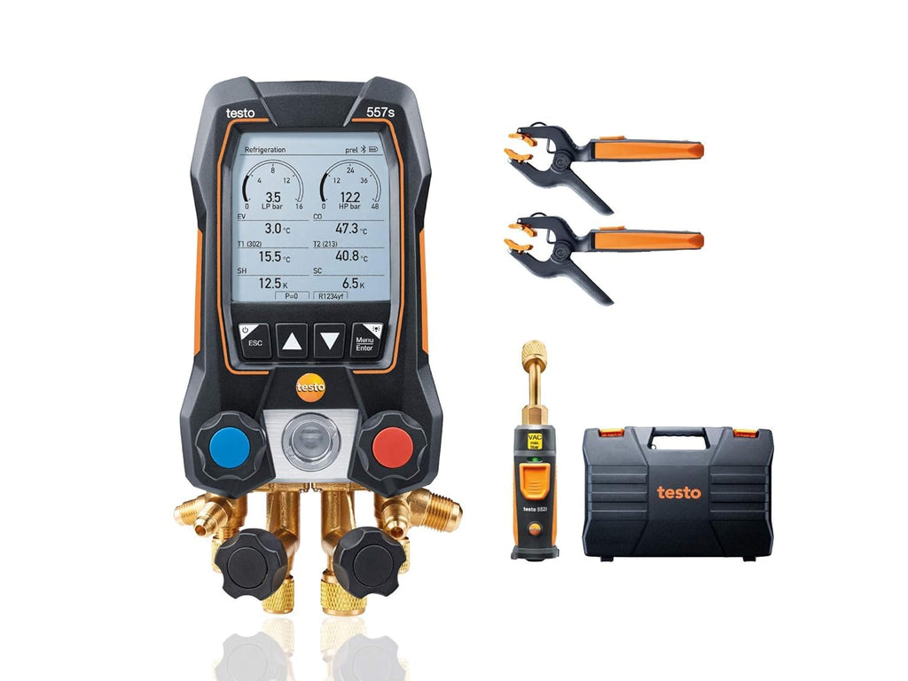 Set de Manómetros testo 557s para Aire Acondicionado | Kit de Recarga con Termómetro de Pinza 115i, Vacúmetro 552i y Válvula de 4 Vías | Bluetooth y App