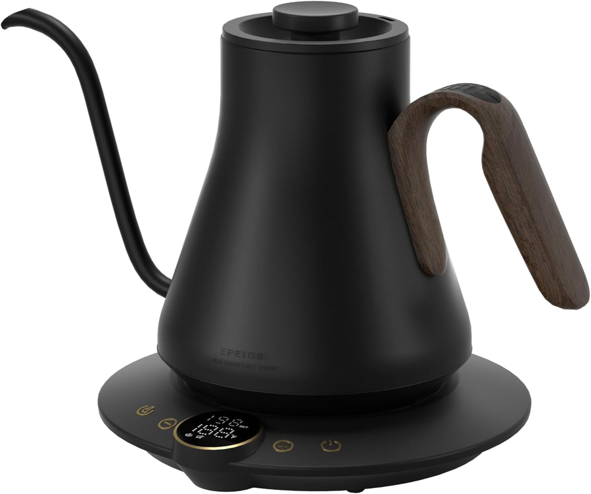 Hervidor eléctrico de cuello de cisne INTASTING con control de temperatura de 1 µm para café y té de filtro, calentamiento rápido, acero inoxidable sin BPA, temporizador de preparación incorporado, 1500 W/0,9 L (negro ónix)