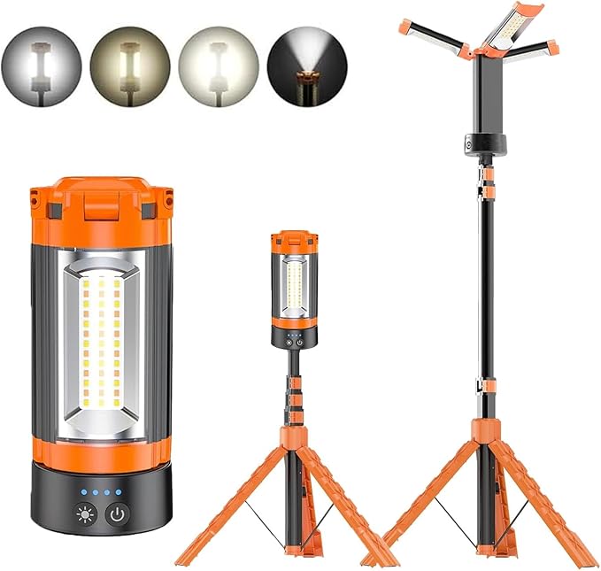 Lámpara de Trabajo Recargable 12000mAh con Trípode — 3 Cabezales LED, 2200 Lúmenes Regulables, Magnética, Naranja