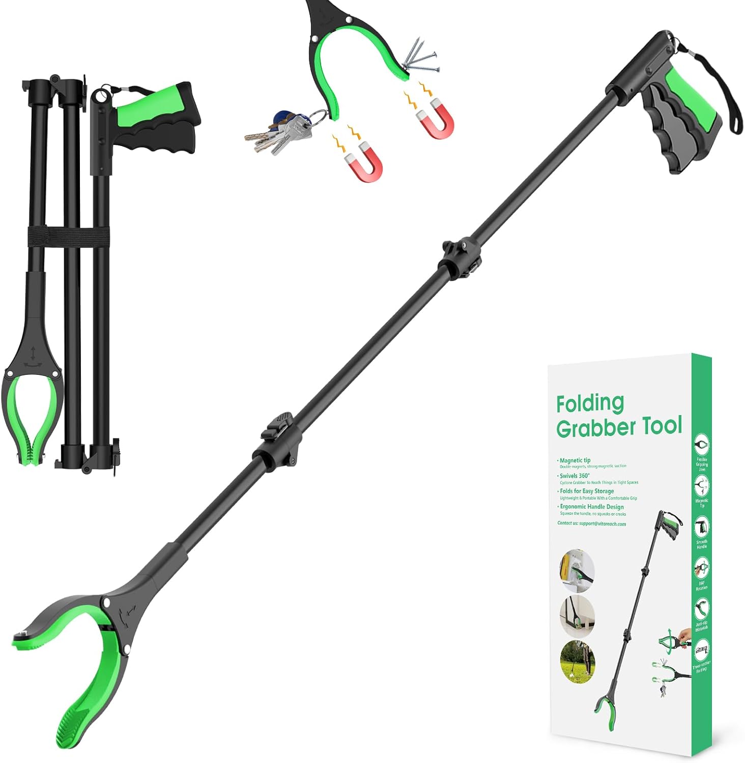 52" Extra Long Grabber Reacher Tool, Foldable Reacher Grabber Pickup Tool with Strong Magnetic & 360Â° Rotating Anti-Slip Jaw, Extension Trash Picker Upper Grabber for Indoor & Outdoor