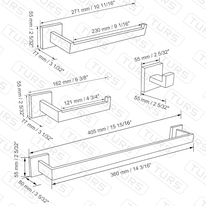 TURS Juego de 4 accesorios de baño de color negro mate de 16 pulgadas, montaje en pared, acero inoxidable de alta calidad.
