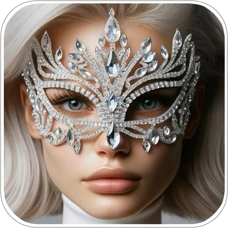 Máscara de mascarada con diamantes de imitación brillantes para mujer, disfraz de baile, máscara facial de cristal, joyería de carnaval 