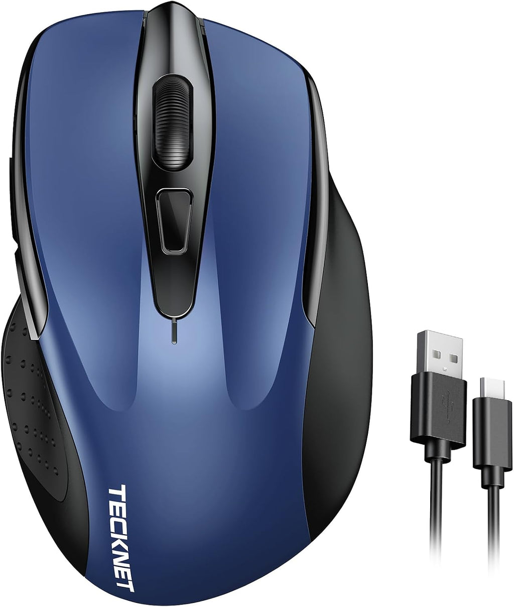 Ratón inalámbrico recargable TECKNET, USB-A de 2,4 GHz, silencioso, clic silencioso, 6 niveles de DPI ajustables (4800), ratón inalámbrico para ordenador, ratón ergonómico para portátil, 6 botones para Chromebook, agarre ergonómico - Azul