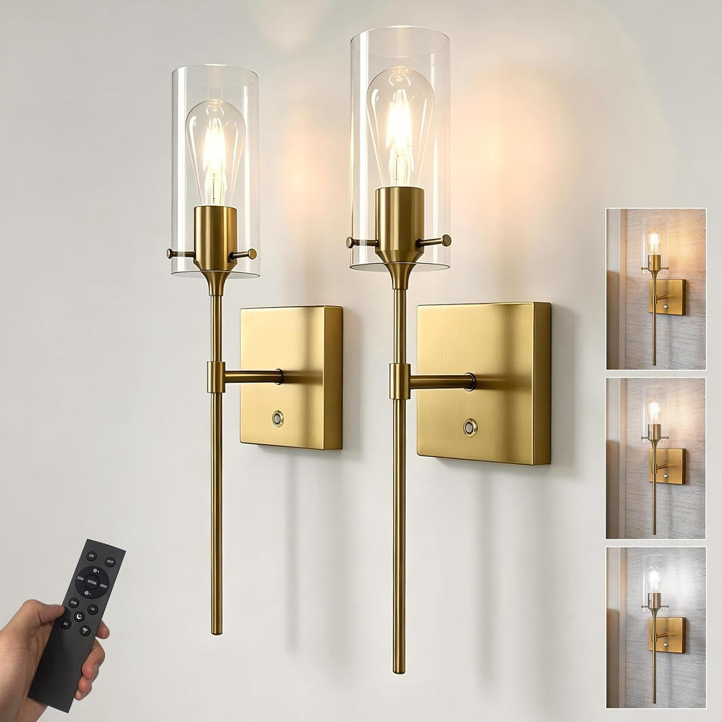 Apliques de pared (juego de 2) con mando a distancia, color dorado.