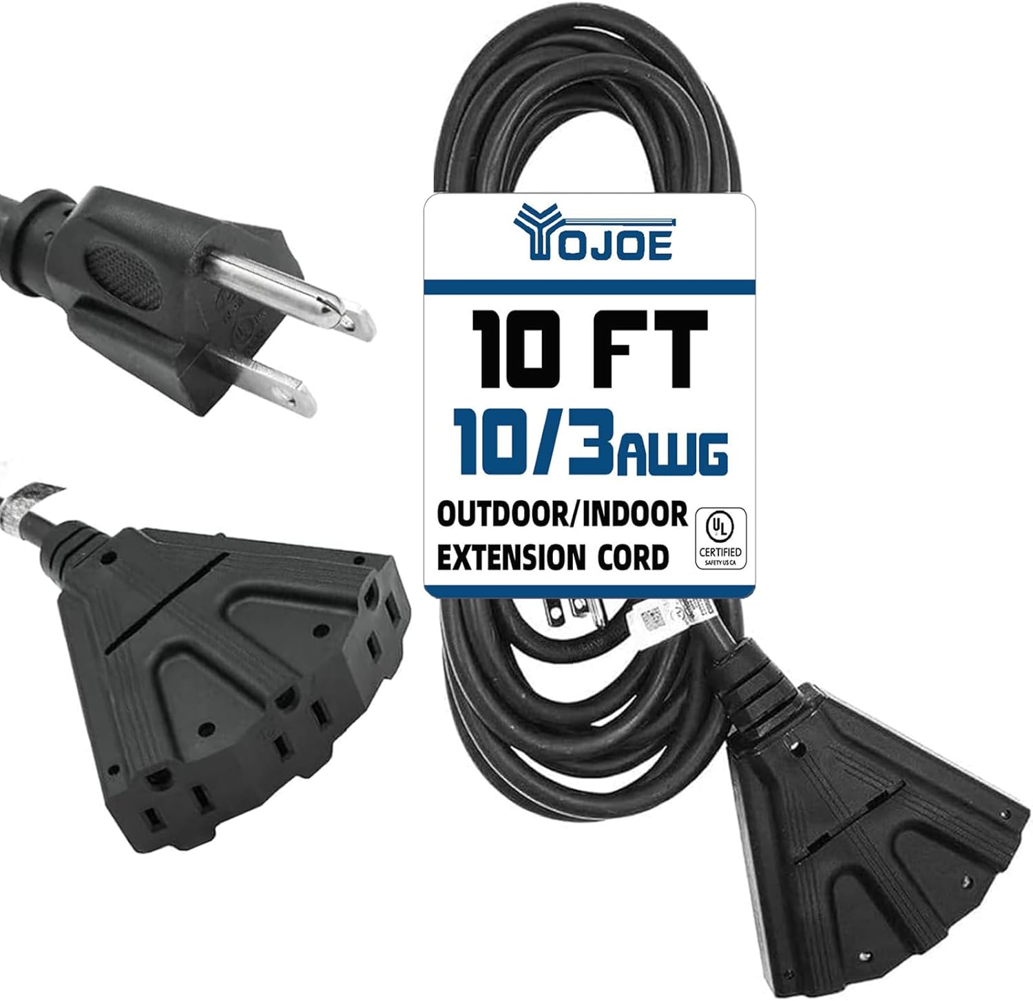 YOJOE 3-Outlets Indoor Outdoor Extension Cord, 3 Prong 15A Weatherproof Power Cord Multiple Outlets, 10 Gauge Heavy Duty 10 ft Black Extension Cord for Garage, Garden, 10/3 SJTW UL Listed