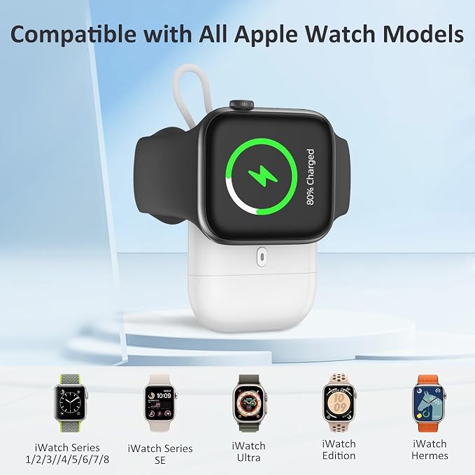 Cargador Portátil para Apple Watch, 2580mAh Llavero Power Bank para Apple Watch, Cargador Inalámbrico Magnético para Apple Watch Series 9/8/UItra/7/6/5/4/3/2/SE, Blanco