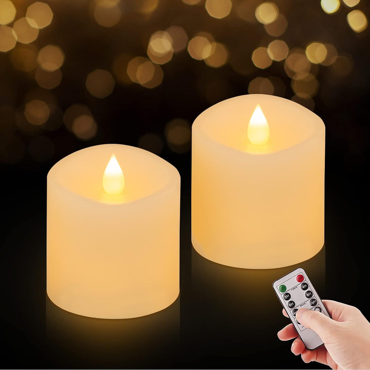 ASLDOIWEH 3x3 Velas Parpadeantes sin Llama Set 2, Vida Batería 2AA 600 Horas Velas Batería Parpadeantes con Temporizador, Velas 7.62cm sin Llama con Control Remoto Interior/Exterior, Marfil