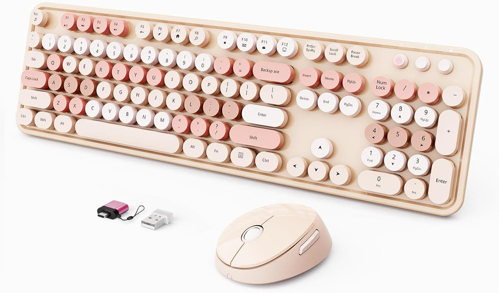 Combo Teclado y Ratón Inalámbrico Ergonómico Tamaño Completo Estilo Máquina Escribir Retro Compatible Windows PC Casa Oficina (Color Chocolate)