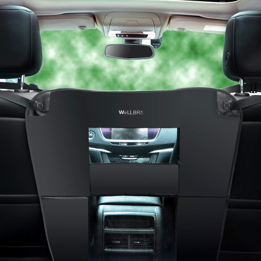 Barrera para perros Wellbro para el asiento trasero del coche, barrera acolchada y duradera de malla de nailon para mascotas, valla para perros de viaje para vehículos con 2 ventanas de malla, para una conducción segura