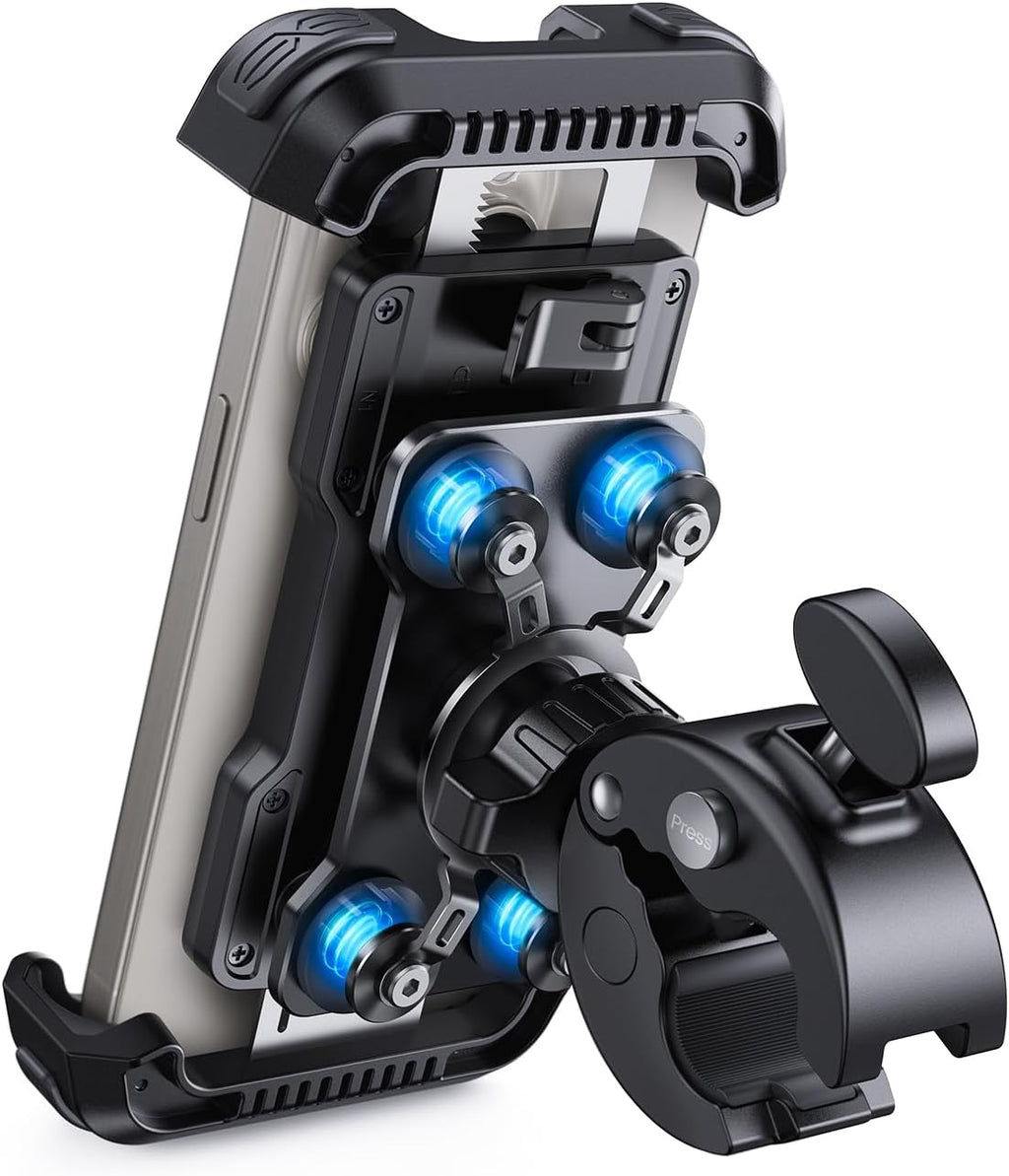 Soporte para teléfono de motocicleta Lamicall - [Amortiguador de vibración doble] [Clip para manillar mejorado] Soporte para teléfono móvil de motocicleta, soporte para teléfono de bicicleta, regalo para iPhone 16 15 14 Pro Max, teléfonos de 4.7 a 6.7"