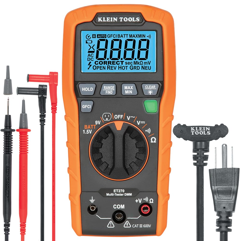 Multímetro Digital Klein Tools ET270 – Rango Automático, CA/CC, Continuidad, Probador GFCI