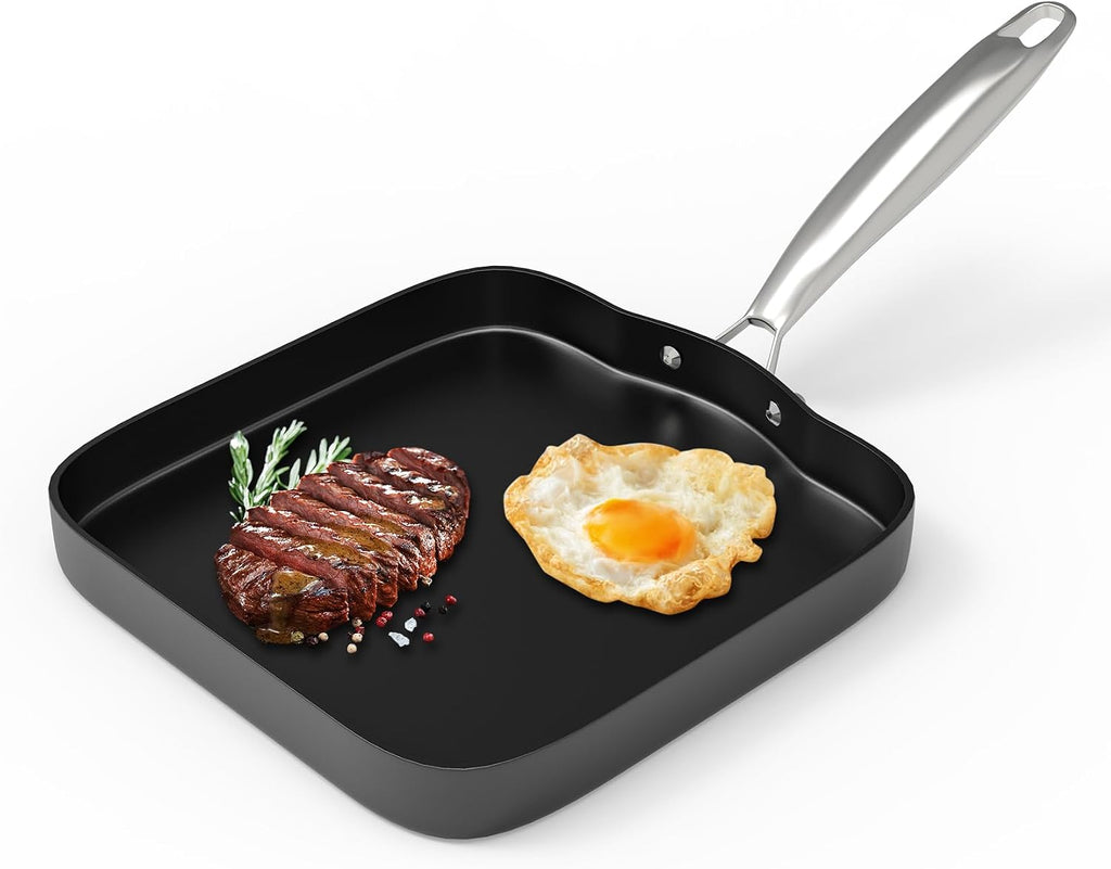 Sartén parrilla cuadrada SafBbcue de 28 cm (11") con revestimiento cerámico antiadherente, sartén duradera para asar en interiores y exteriores, apta para hornos de gas e inducción, para parrillas Weber, Charbroil y Camp Chef, color negro.