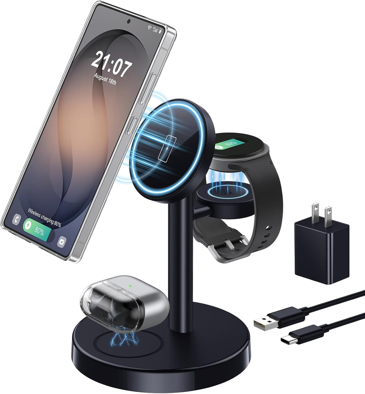 Cargador inalámbrico magnético para Samsung, estación de carga súper rápida 3 en 1 compatible con MagSafe, soporte de carga para teléfono Samsung Galaxy S26 Ultra S25 Z Fold/Flip 7, Watch Ultra 8 7 6, Buds 4/3 Pro