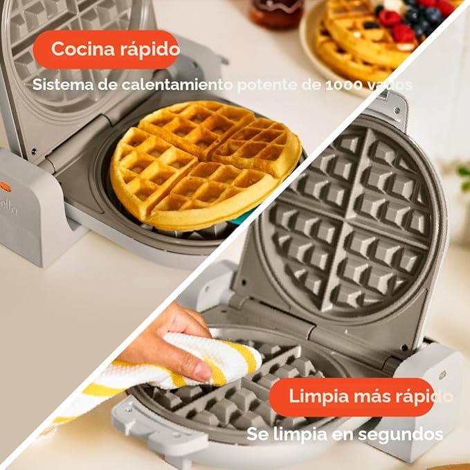 Wafflera Bella Flip-n-Store 1000W – Antiadherente Cerámica EverGood, Compacta y Plegable, Color Oatmilk