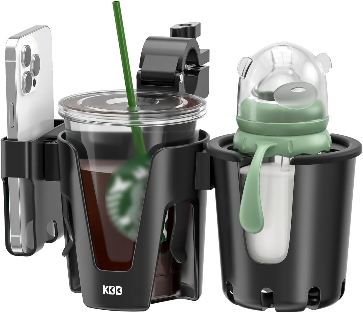 NO INCLUYE EL CELULAR, PAJILLAS NI TOPPER. KDD Portavasos para Coche con Soporte de Teléfono | Sujetador de Botella 3 en 1 Extraíble, Rotación 360 grados para Silla de Ruedas, Bicicleta, Andador y Scooter