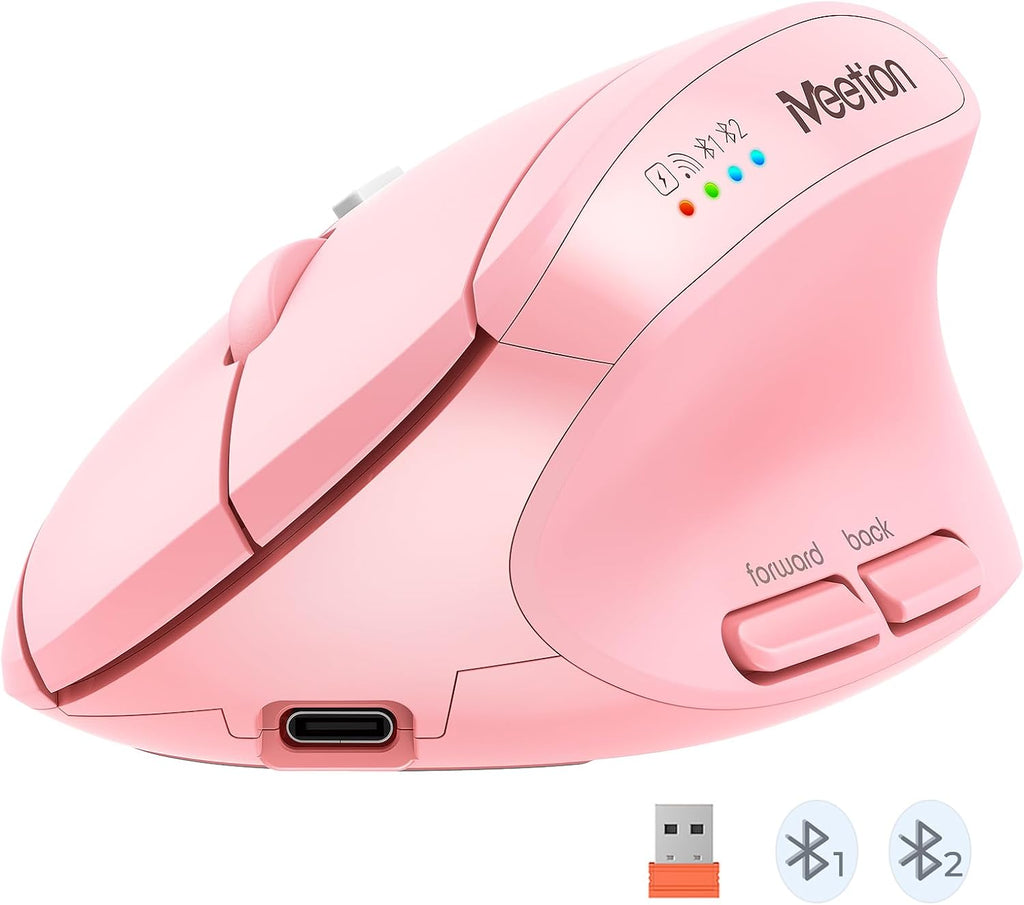 Ratón Ergonómico Vertical Inalámbrico MEETION – Rosa, Bluetooth 5.2 + USB, 4 DPI 800–2400, Recargable, para Windows y Mac