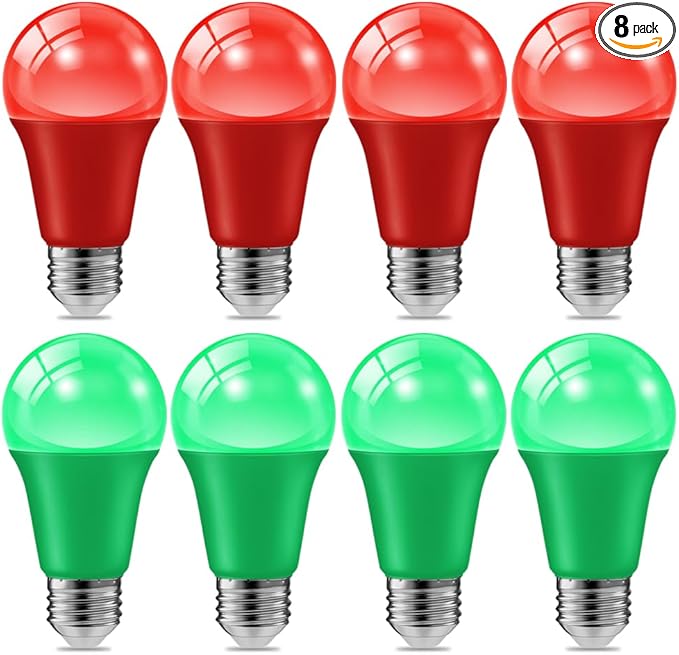 Paquete de 8 bombillas LED de colores A19 de 9 W (equivalente a 60 W), 120 V, base E26, color rojo y verde, ideales para decoración de fiestas, Navidad y Halloween.