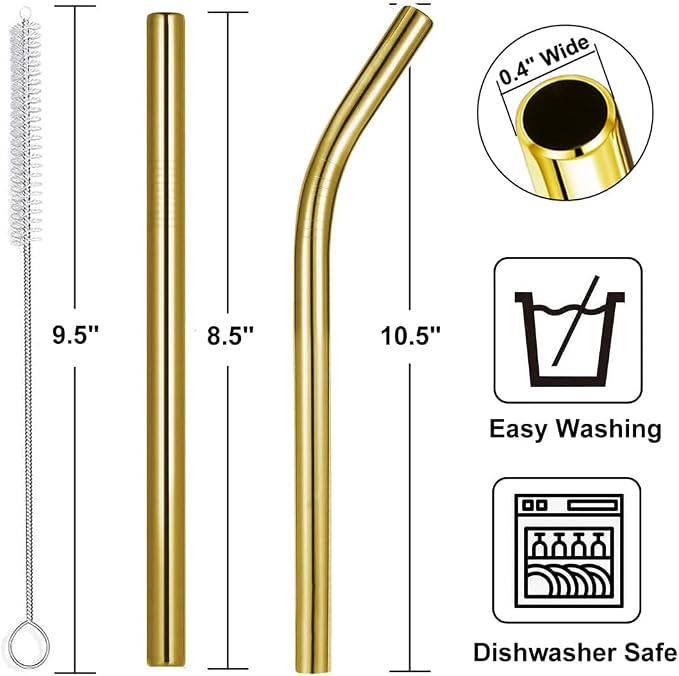 Vinaco Pajillas Grandes para Batidos Acero Inoxidable Dorado – Pack 5 Piezas (4 Pajillas + 1 Cepillo)