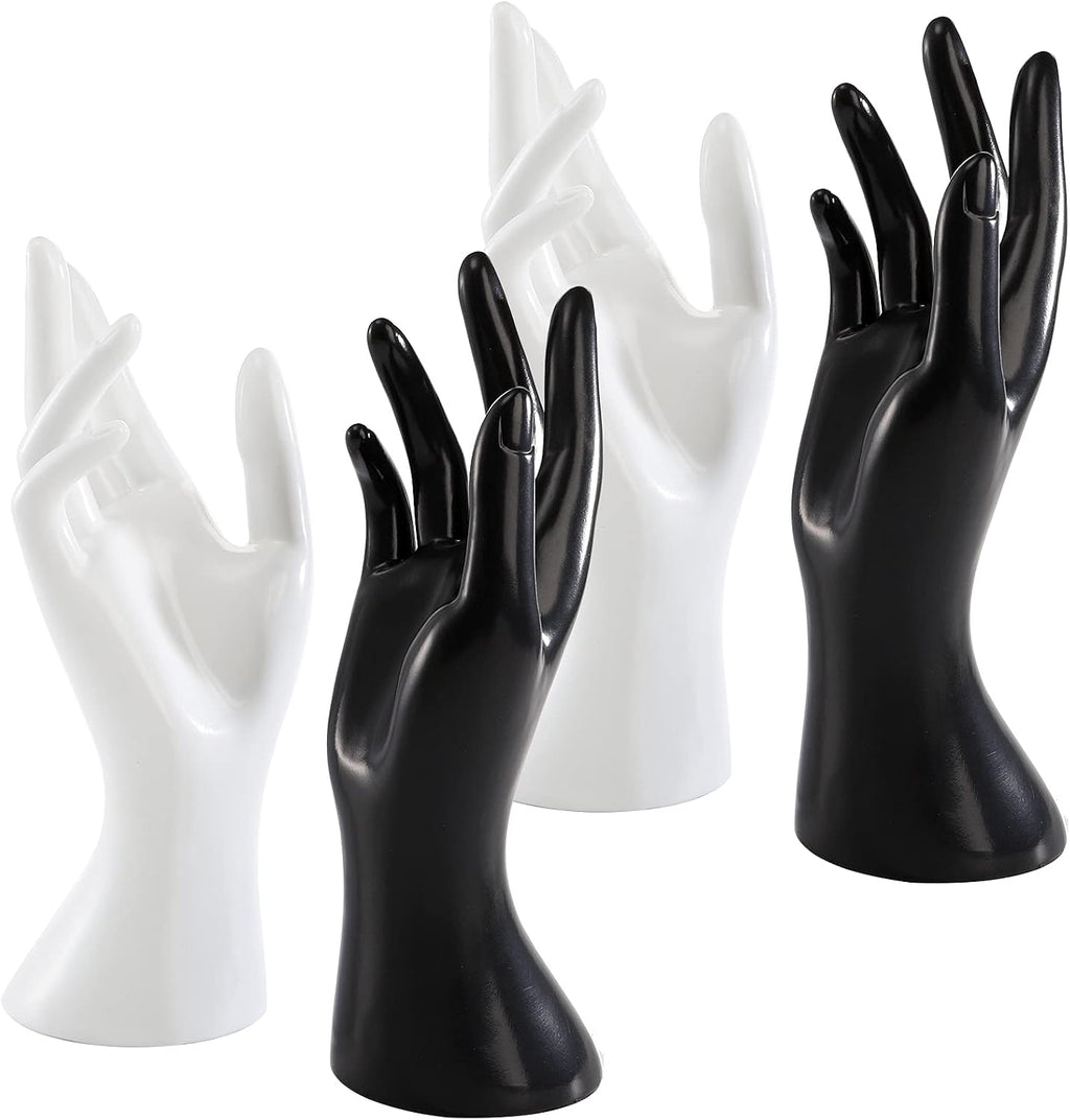 Okllen Paquete de 4 Manos de Maniquí Femeninas, Soporte para Exhibir Anillos, Organizador de Joyas, Pulseras, Brazaletes, Collares, Cadenas, Anillos, Guantes, Blanco y Negro, Manos Derechas