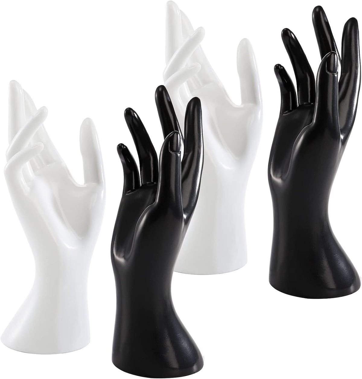 Okllen Paquete de 4 Manos de Maniquí Femeninas, Soporte para Exhibir Anillos, Organizador de Joyas, Pulseras, Brazaletes, Collares, Cadenas, Anillos, Guantes, Blanco y Negro, Manos Derechas