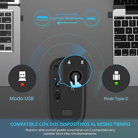 VssoPlor Ratón inalámbrico tipo C, USB C MacBook, mouse inalámbrico de modo dual con USB y receptor tipo C compatible con PC, laptop, MacBook y todos los dispositivos USB C, negro y plateado