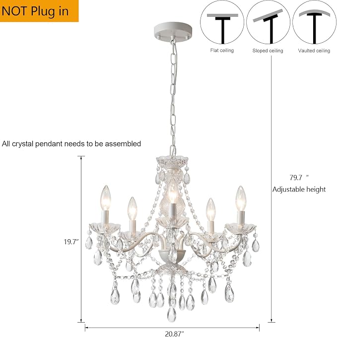 AMZASA Lámpara de araña de cristal blanco, lámpara colgante de cerámica blanca, colgante de cristales y plato de vidrio, lámparas de araña de 5 luces de cristal para medallones de techo, boda, comedor