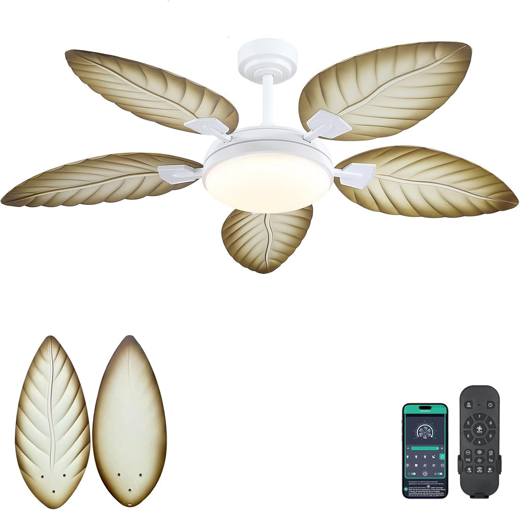 Ventilador de Techo PHORUS 52" con Hojas de Palma | Tropical para Exteriores | Con Luz y Control Remoto | Para Patios y Sala | Dimeable | 6 Velocidades | Reversible