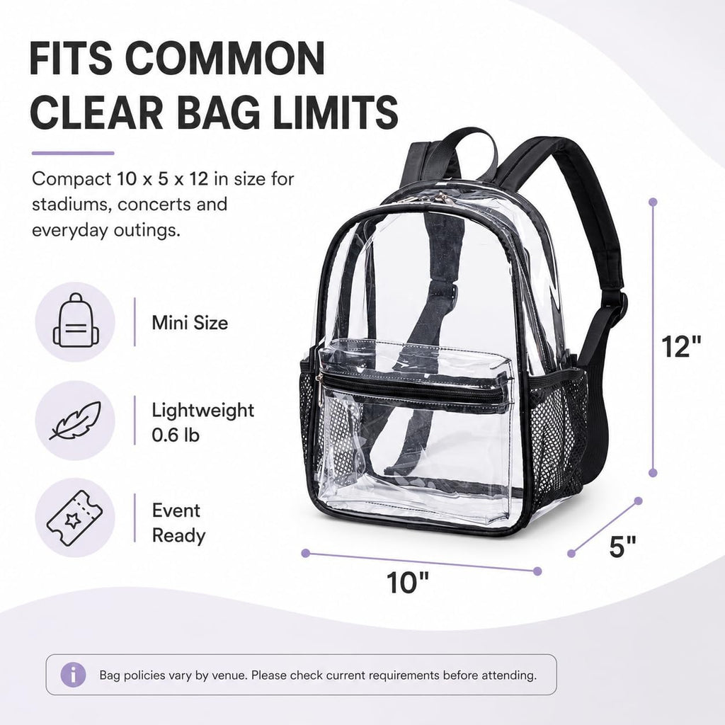 BTOOP Mochila Mini Transparente para Eventos de Estadio 12x12x6 Pequeña Mochila Transparente para Ver a Través Bolsa Transparente Clara para Conciertos y Trabajo, Compacto