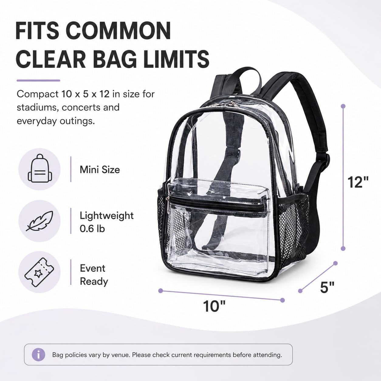 BTOOP Mochila Mini Transparente para Eventos de Estadio 12x12x6 Pequeña Mochila Transparente para Ver a Través Bolsa Transparente Clara para Conciertos y Trabajo, Compacto