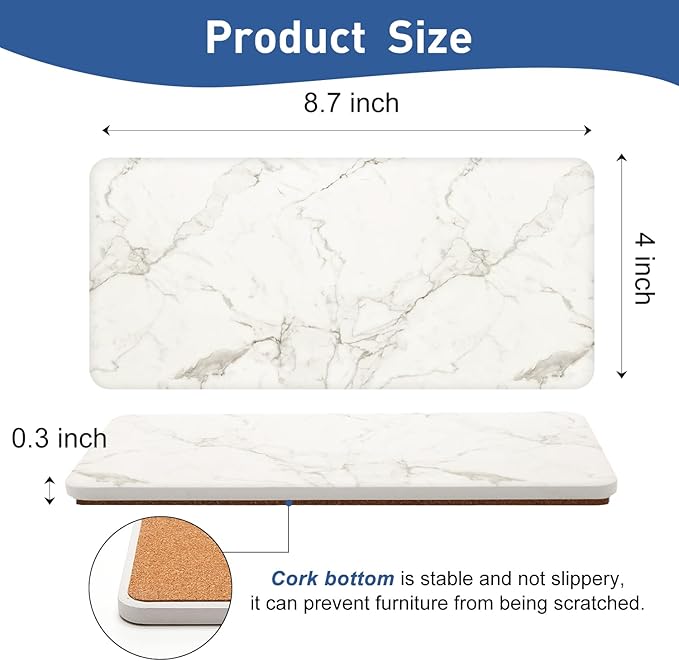 2 bandejas absorbentes de piedra para encimera de baño y fregadero de cocina, mármol blanco, rectangulares, de secado rápido, con base antideslizante.