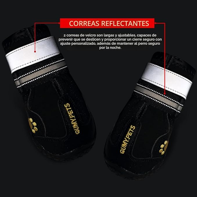 Qumy - Botas impermeables para perros grandes, con tiras reflectantes, suela antideslizante y rugosa, color negro, 4 unidades, talla 6: 2.6 x 3.0 pulgadas (ancho x largo) para 52-65 libras, negro